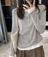 ヘンリーネック長袖リブカットソー重ね着風 フェイクレイヤードトップス秋服長袖Tシャツレディース大人カジュアル韓国風tops 前ボタン秋冬トップス着やせロンT細見え 96YKELI-004