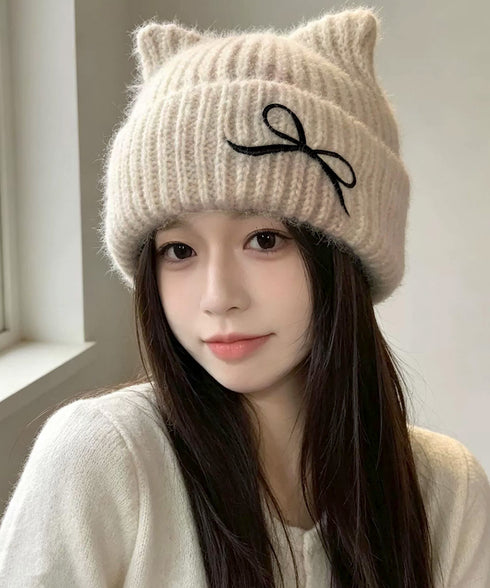 ネコ耳リブニット帽リボン付きビーニー秋冬 レディース暖かい猫耳ニット帽子 大人可愛い 折り返しニットキャップ 防寒 保温 韓国風 おしゃれ 小顔見え あったか帽子 96ZHUOYU-001