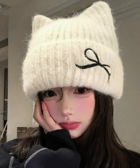 ネコ耳リブニット帽リボン付きビーニー秋冬 レディース暖かい猫耳ニット帽子 大人可愛い 折り返しニットキャップ 防寒 保温 韓国風 おしゃれ 小顔見え あったか帽子 96ZHUOYU-001