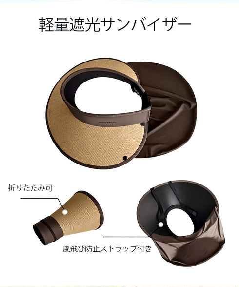 UV対策ハットつば広麦わらサンバイザー帽 レディース軽量遮光サンバイザー帽子ネックガード付き 小顔見え アウトドア日よけハット折りたたみ可 春夏用首焼け防止ハット 96ENZE-001