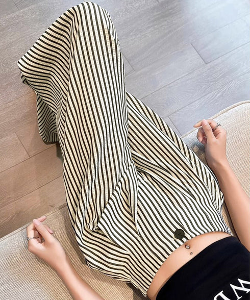 ワイドパンツストライプ柄ロングパンツ春夏 レディース ハイウエスガウチョパンツ ゆったりタックパンツ着やせ カジュアルリラックスパンツ ポケット付き長ズボン涼しげ 96JIXING-001