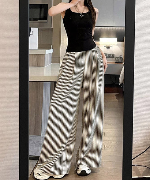 ワイドパンツストライプ柄ロングパンツ春夏 レディース ハイウエスガウチョパンツ ゆったりタックパンツ着やせ カジュアルリラックスパンツ ポケット付き長ズボン涼しげ 96JIXING-001
