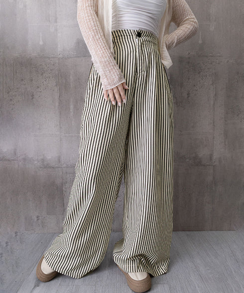 ワイドパンツストライプ柄ロングパンツ春夏 レディース ハイウエスガウチョパンツ ゆったりタックパンツ着やせ カジュアルリラックスパンツ ポケット付き長ズボン涼しげ 96JIXING-001