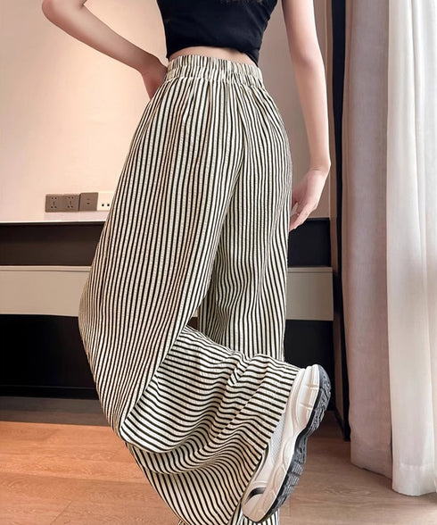 ワイドパンツストライプ柄ロングパンツ春夏 レディース ハイウエスガウチョパンツ ゆったりタックパンツ着やせ カジュアルリラックスパンツ ポケット付き長ズボン涼しげ 96JIXING-001