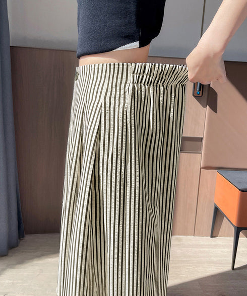 ワイドパンツストライプ柄ロングパンツ春夏 レディース ハイウエスガウチョパンツ ゆったりタックパンツ着やせ カジュアルリラックスパンツ ポケット付き長ズボン涼しげ 96JIXING-001