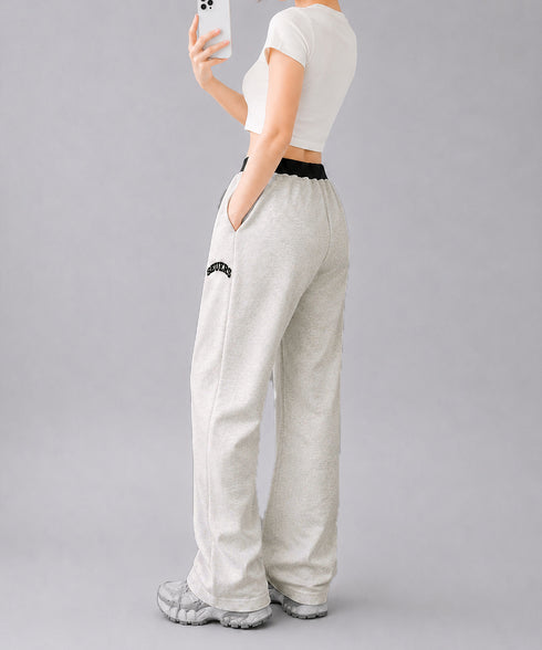 ワイドスウェットパンツ レディース韓国風 ゆるシルエットイージーパンツ美脚見えハイウエスト ドロストルーズボトムス 刺しゅうロゴリラックスパンツ 脚長ダンスパンツ 96JIXING-002