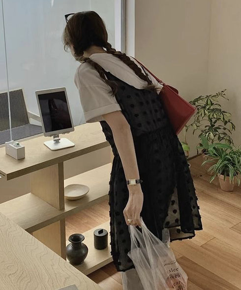 ドット柄チュールキャミチュニック 韓国風 シアーロングキャミソールレディース レイヤード重ね着コーデ ギャザーキャミ フェミニン 大人可愛い透け感トップス 着映え 96MIJIU-001