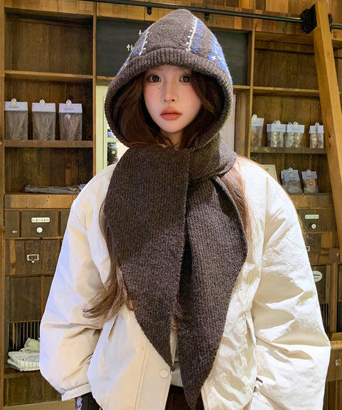 北欧風ニットバラクラバフードマフラー防寒 ノルディック柄バラクラバ レトロジャガード柄可愛いニット帽 韓国風暖かい おしゃれニットキャップマフラーネックウォーマー 96RFANG-001