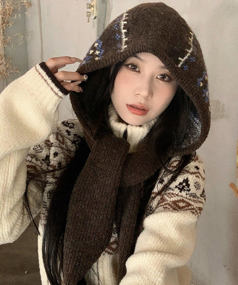 北欧風ニットバラクラバフードマフラー防寒 ノルディック柄バラクラバ レトロジャガード柄可愛いニット帽 韓国風暖かい おしゃれニットキャップマフラーネックウォーマー 96RFANG-001