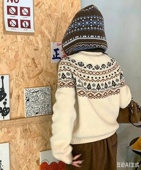 北欧風ニットバラクラバフードマフラー防寒 ノルディック柄バラクラバ レトロジャガード柄可愛いニット帽 韓国風暖かい おしゃれニットキャップマフラーネックウォーマー 96RFANG-001
