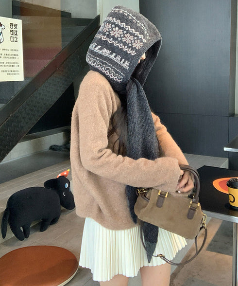 北欧風ニットバラクラバフードマフラー防寒 ノルディック柄バラクラバ レトロジャガード柄可愛いニット帽 韓国風暖かい おしゃれニットキャップマフラーネックウォーマー 96RFANG-001