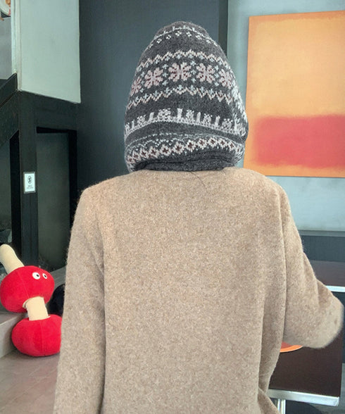 北欧風ニットバラクラバフードマフラー防寒 ノルディック柄バラクラバ レトロジャガード柄可愛いニット帽 韓国風暖かい おしゃれニットキャップマフラーネックウォーマー 96RFANG-001