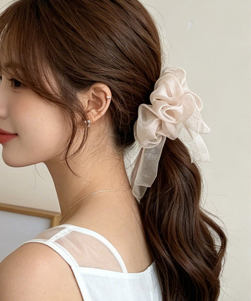 オーガンジーシュシュシアーフリルヘアゴム 大人可愛い シフォンシュシュ おしゃれヘアアクセサリー バレエコア髪飾りオフィスカジュアルハーフアップ髪留めポニーテール 96SHUKE-001