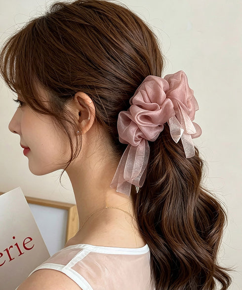 オーガンジーシュシュシアーフリルヘアゴム 大人可愛い シフォンシュシュ おしゃれヘアアクセサリー バレエコア髪飾りオフィスカジュアルハーフアップ髪留めポニーテール 96SHUKE-001
