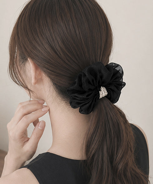 ボリュームシュシュオーガンジーヘアアクセ パールシュシュきれいめ上品 大ぶりシアーシュシュ大きめ フェミニンヘアゴム韓国風 バレエコア髪飾り レディース髪留めゴム 96SHUKE-002