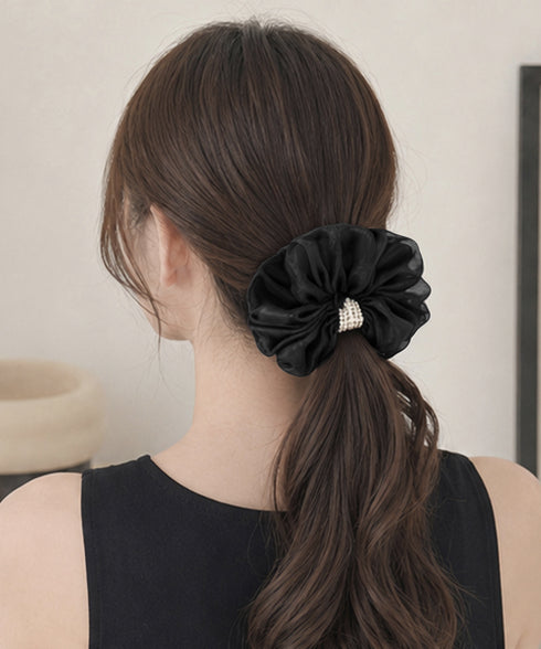 ボリュームシュシュオーガンジーヘアアクセ パールシュシュきれいめ上品 大ぶりシアーシュシュ大きめ フェミニンヘアゴム韓国風 バレエコア髪飾り レディース髪留めゴム 96SHUKE-002
