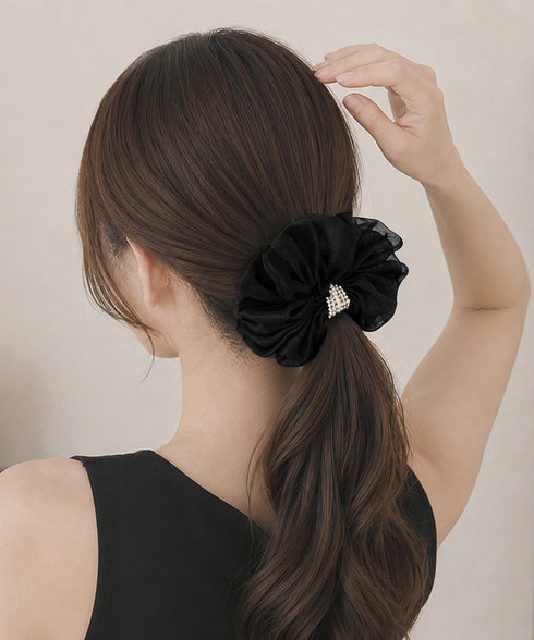 ボリュームシュシュオーガンジーヘアアクセ パールシュシュきれいめ上品 大ぶりシアーシュシュ大きめ フェミニンヘアゴム韓国風 バレエコア髪飾り レディース髪留めゴム 96SHUKE-002