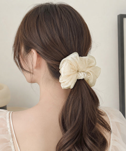 ボリュームシュシュオーガンジーヘアアクセ パールシュシュきれいめ上品 大ぶりシアーシュシュ大きめ フェミニンヘアゴム韓国風 バレエコア髪飾り レディース髪留めゴム 96SHUKE-002