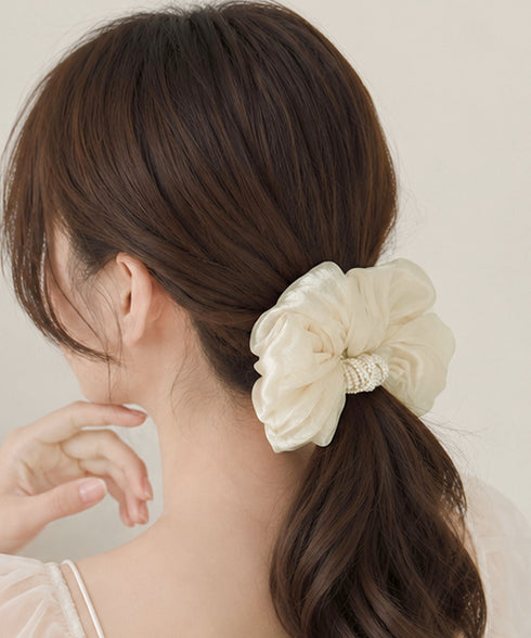 ボリュームシュシュオーガンジーヘアアクセ パールシュシュきれいめ上品 大ぶりシアーシュシュ大きめ フェミニンヘアゴム韓国風 バレエコア髪飾り レディース髪留めゴム 96SHUKE-002