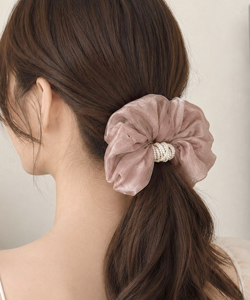 ボリュームシュシュオーガンジーヘアアクセ パールシュシュきれいめ上品 大ぶりシアーシュシュ大きめ フェミニンヘアゴム韓国風 バレエコア髪飾り レディース髪留めゴム 96SHUKE-002