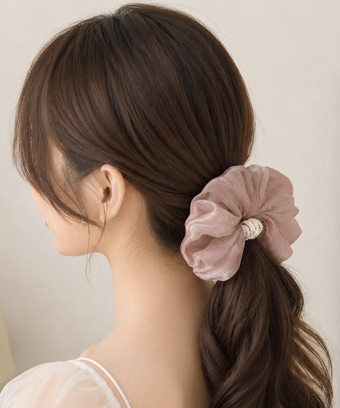 ボリュームシュシュオーガンジーヘアアクセ パールシュシュきれいめ上品 大ぶりシアーシュシュ大きめ フェミニンヘアゴム韓国風 バレエコア髪飾り レディース髪留めゴム 96SHUKE-002