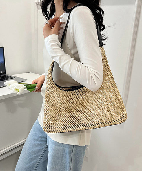 ラフィア調 編み込みワンショルダーバッグ 軽やかストローバッグ コンビレザー大容量肩掛けメッシュトートバッグ 夏映えナチュラル麦わらかごバック大人可愛いリゾート鞄 96TIANZM-001