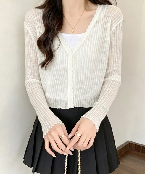Vネックシアー カーディガン 春夏羽織り 夏シアーニットカーデ 薄手冷房対策 きれいめ羽織り 紫外線対策上着 ショート丈トップスレディース前開きサマーニット透け感 96TONGXI-001