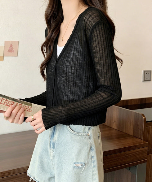 Vネックシアー カーディガン 春夏羽織り 夏シアーニットカーデ 薄手冷房対策 きれいめ羽織り 紫外線対策上着 ショート丈トップスレディース前開きサマーニット透け感 96TONGXI-001