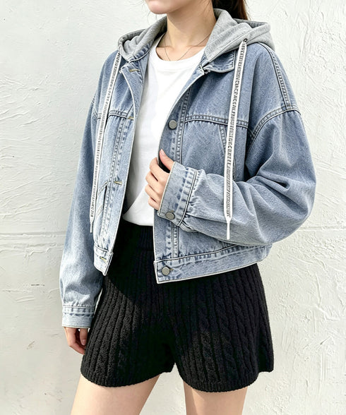 フード付きデニムジャケット韓国風アウター レディース カジュアル重ね着風デニムアウター ボーイッシュ ストリート風ジャケットゆったフーディーアウターおしゃれ羽織り 96XSYAN-001