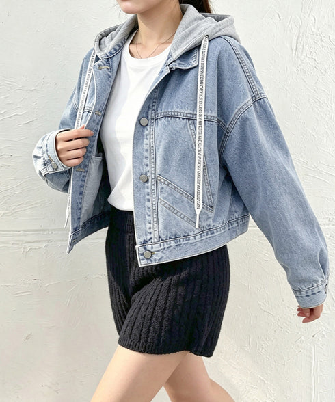 フード付きデニムジャケット韓国風アウター レディース カジュアル重ね着風デニムアウター ボーイッシュ ストリート風ジャケットゆったフーディーアウターおしゃれ羽織り 96XSYAN-001