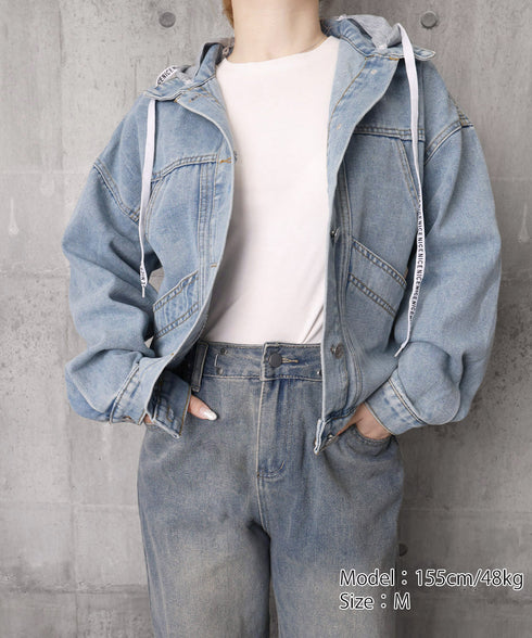 フード付きデニムジャケット韓国風アウター レディース カジュアル重ね着風デニムアウター ボーイッシュ ストリート風ジャケットゆったフーディーアウターおしゃれ羽織り 96XSYAN-001