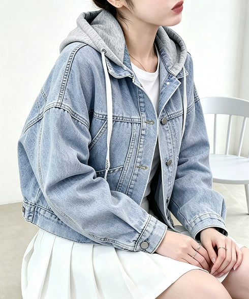 フード付きデニムジャケット韓国風アウター レディース カジュアル重ね着風デニムアウター ボーイッシュ ストリート風ジャケットゆったフーディーアウターおしゃれ羽織り 96XSYAN-001