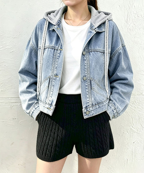 フード付きデニムジャケット韓国風アウター レディース カジュアル重ね着風デニムアウター ボーイッシュ ストリート風ジャケットゆったフーディーアウターおしゃれ羽織り 96XSYAN-001