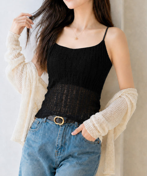カップ付きキャミソール縦透かし編みキャミ Uネックサマーニットキャミ細肩紐 美背ブラトップ ブラ一体型キャミ ナチュラルストレスフリーインナー 着回し楽ちん韓国風 96YHJJ-001
