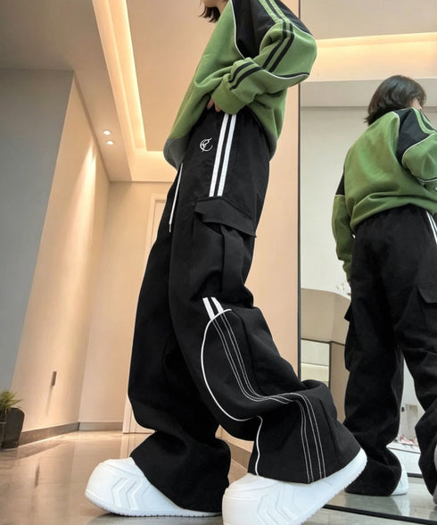 カーゴパンツ サイドライントラックパンツ レディース Y2Kイージーパンツ ウエストゴムジョガーパンツ カジュアル 体型カバーボトムス脚長 ヒップホップダンス衣装 96YIDUO-001