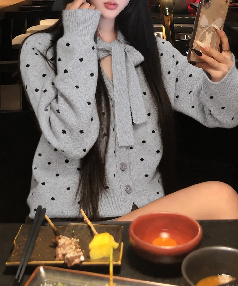 ボウタイリボンドット柄ニットカーディガン 詳細画像6