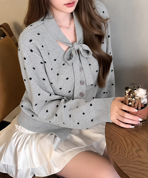ボウタイリボンドット柄ニットカーディガン 大人可愛い韓国風ニットトップスレディースおしゃれ Vネック長袖ニット羽織り総柄 春秋冬 着やせ きれいめ小顔ニット映える 96YKELI-003