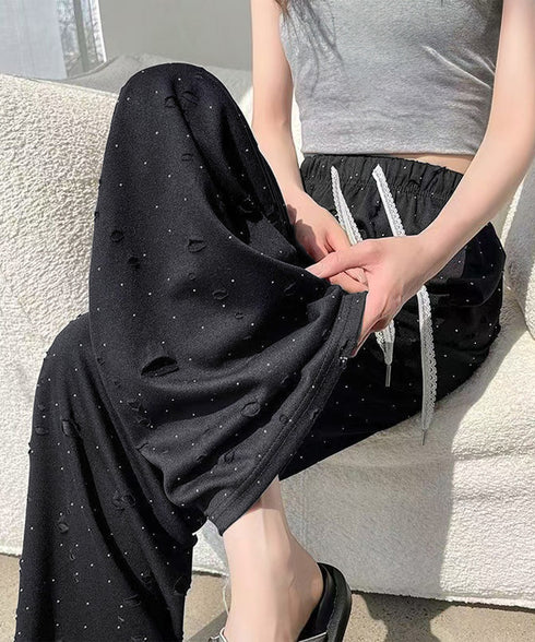 キラキラビジューワイドパンツダメージ加工 きれいめイージーパンツロング丈 薄手クラッシュパンツレディース春 涼しいモップパンツ大人可愛い 体型カバーパンツおしゃれ 97KZ-004