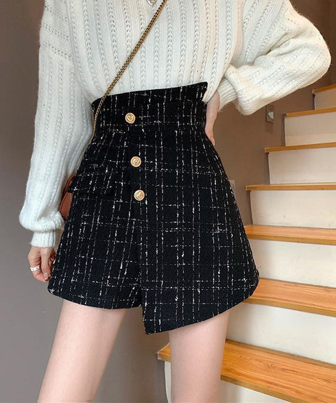 ツイードショートパンツ ラップスカート風 チェックパンツレディースきれいめ アシンメトリースカンツ パンツハイウエスト フロントボタンキュロットパンツ飾りポケット 97KZ-005