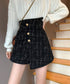 ツイードショートパンツ ラップスカート風 チェックパンツレディースきれいめ アシンメトリースカンツ パンツハイウエスト フロントボタンキュロットパンツ飾りポケット 97KZ-005