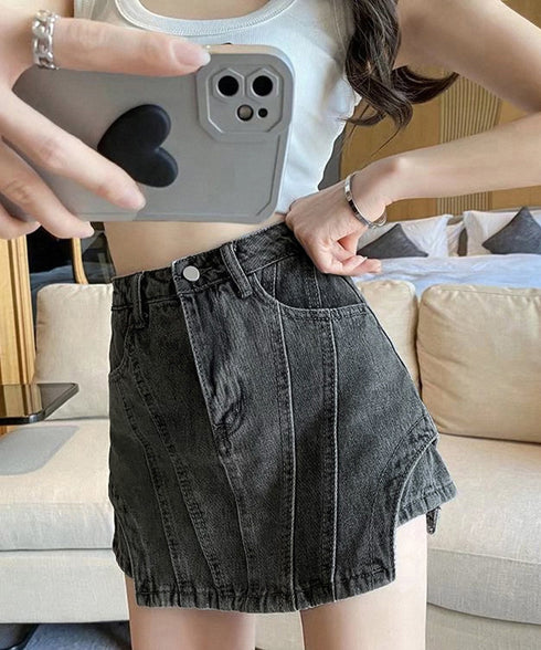 インナーパンツ付きキュロットミニスカート サイドカットアウトデニムショートパンツレディース キュロットスカート 短いスカートチラ見え防止 デニムホットパンツ着やせ 97QUNZI-001