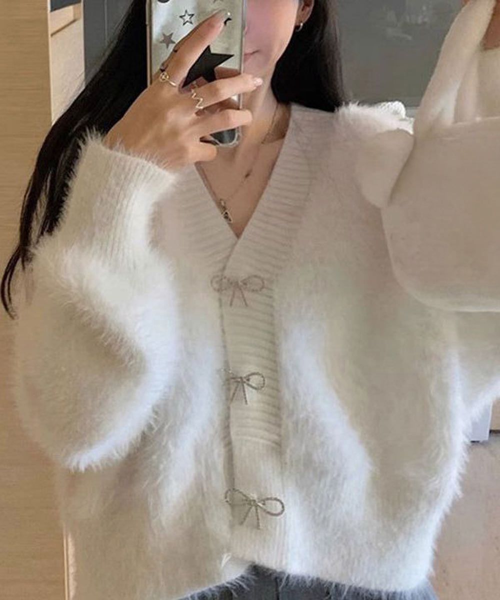 韓国風ふわふわシャギーニットカーディガン オフホワイト