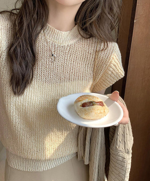 フレンチスリーブサマーニットトップス夏服 透かし編みニットレディースきれいめ 大人可愛いニットソーおしゃれ ローゲージニット ラウンドネック ニット透け感トップス 97SY-015