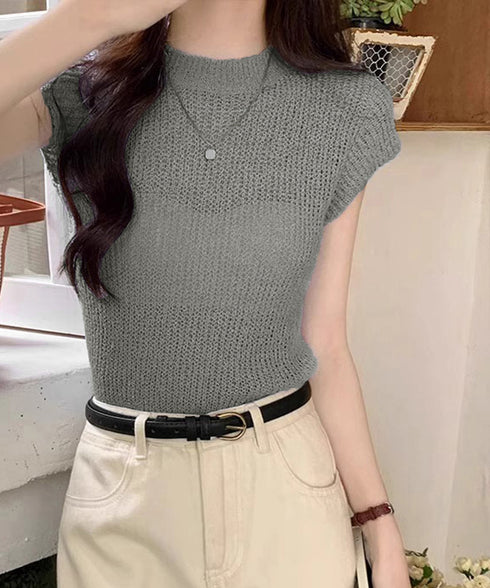 フレンチスリーブサマーニットトップス夏服 透かし編みニットレディースきれいめ 大人可愛いニットソーおしゃれ ローゲージニット ラウンドネック ニット透け感トップス 97SY-015