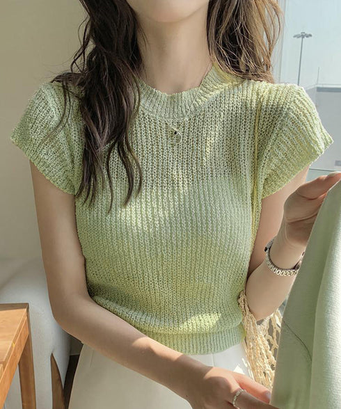 フレンチスリーブサマーニットトップス夏服 透かし編みニットレディースきれいめ 大人可愛いニットソーおしゃれ ローゲージニット ラウンドネック ニット透け感トップス 97SY-015