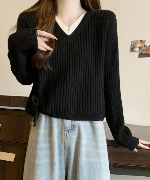 Vネックリブニットトップス 暖かいニット レイヤードニットレディース韓国風 きれいめトップス秋冬服 サイドドローストリングニットおしゃれ ニットセーター大人可愛い 97SY-018
