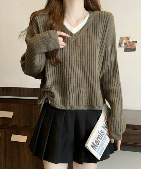 Vネックリブニットトップス 暖かいニット レイヤードニットレディース韓国風 きれいめトップス秋冬服 サイドドローストリングニットおしゃれ ニットセーター大人可愛い 97SY-018