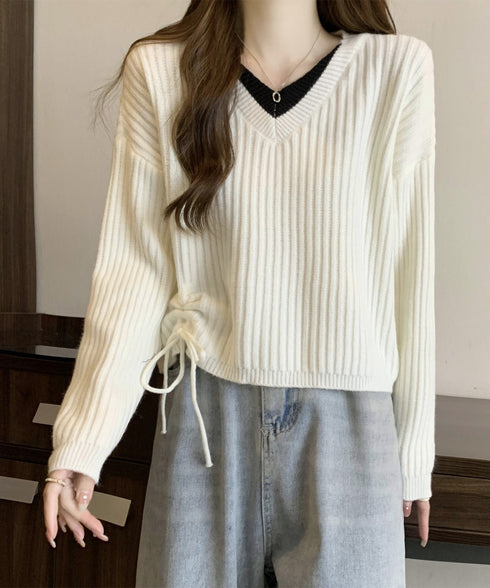 Vネックリブニットトップス 暖かいニット レイヤードニットレディース韓国風 きれいめトップス秋冬服 サイドドローストリングニットおしゃれ ニットセーター大人可愛い 97SY-018