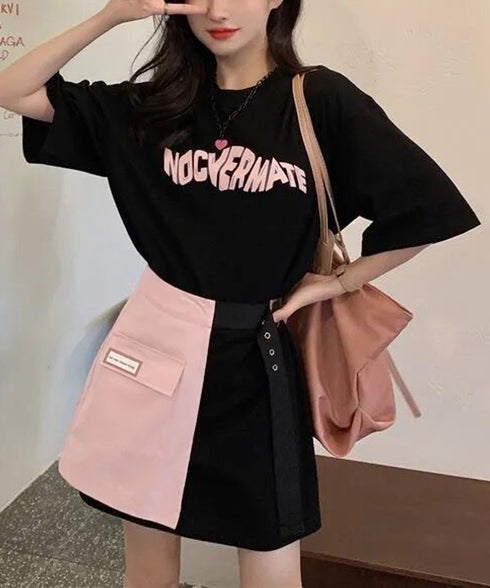 ロゴTシャツワンピース 巻きミニスカート プチプラセットアップレディースカジュアル ロングtシャツおしゃれ 英字プリントtシャツ半袖 ラップミニスカートレイヤード 97TAOZH-001