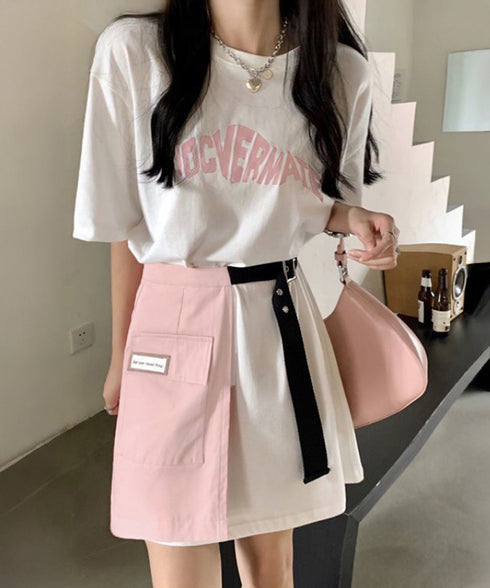 ロゴTシャツワンピース 巻きミニスカート プチプラセットアップレディースカジュアル ロングtシャツおしゃれ 英字プリントtシャツ半袖 ラップミニスカートレイヤード 97TAOZH-001